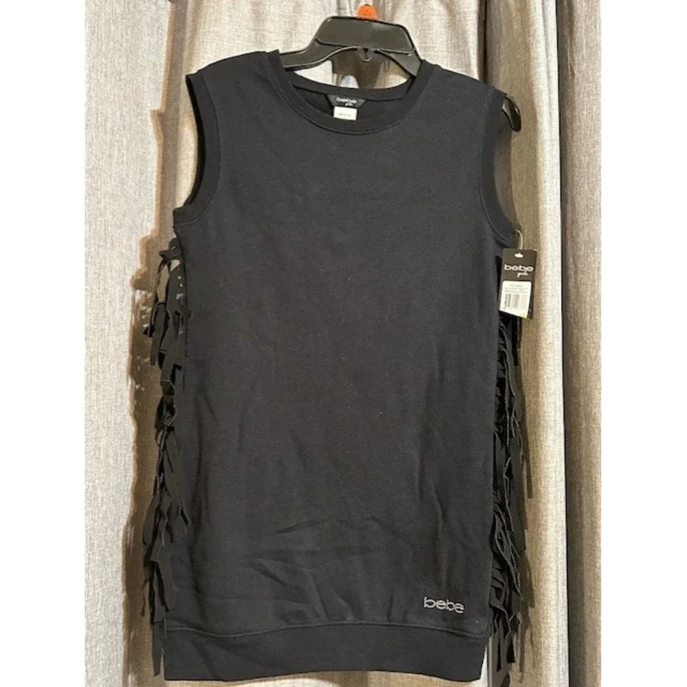 NWT BEBE Girls Black 10/12 Western Glitter Spellout Fringed Goth Goblin Boho Top